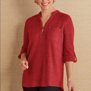 Soft Surroundings Womens Medium Red Rayleigh Roll Tab Fleece Zip Sweater